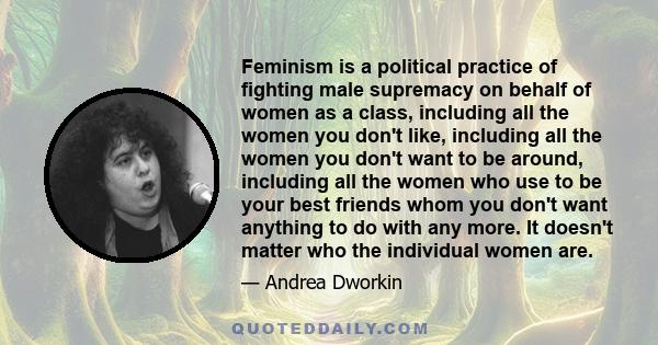 Feminism is a political practice of fighting male supremacy on behalf of women as a class, including all the women you don't like, including all the women you don't want to be around, including all the women who use to