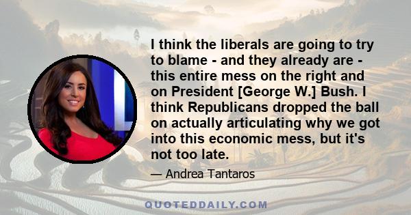 I think the liberals are going to try to blame - and they already are - this entire mess on the right and on President [George W.] Bush. I think Republicans dropped the ball on actually articulating why we got into this 