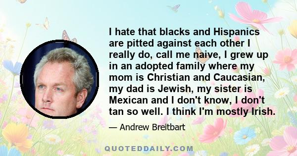 I hate that blacks and Hispanics are pitted against each other I really do, call me naive, I grew up in an adopted family where my mom is Christian and Caucasian, my dad is Jewish, my sister is Mexican and I don't know, 