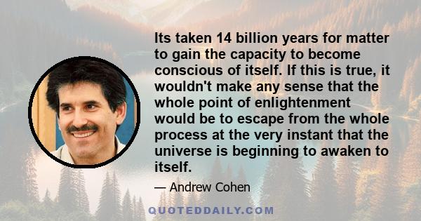 Its taken 14 billion years for matter to gain the capacity to become conscious of itself. If this is true, it wouldn't make any sense that the whole point of enlightenment would be to escape from the whole process at