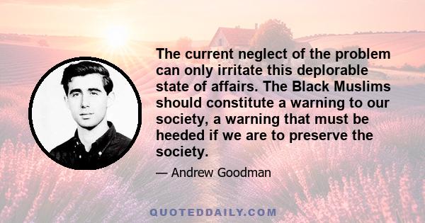 The current neglect of the problem can only irritate this deplorable state of affairs. The Black Muslims should constitute a warning to our society, a warning that must be heeded if we are to preserve the society.