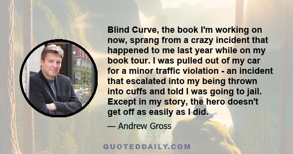 Blind Curve, the book I'm working on now, sprang from a crazy incident that happened to me last year while on my book tour. I was pulled out of my car for a minor traffic violation - an incident that escalated into my