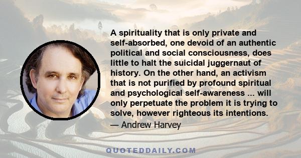 A spirituality that is only private and self-absorbed, one devoid of an authentic political and social consciousness, does little to halt the suicidal juggernaut of history. On the other hand, an activism that is not