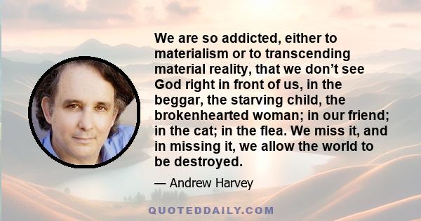 We are so addicted, either to materialism or to transcending material reality, that we don’t see God right in front of us, in the beggar, the starving child, the brokenhearted woman; in our friend; in the cat; in the