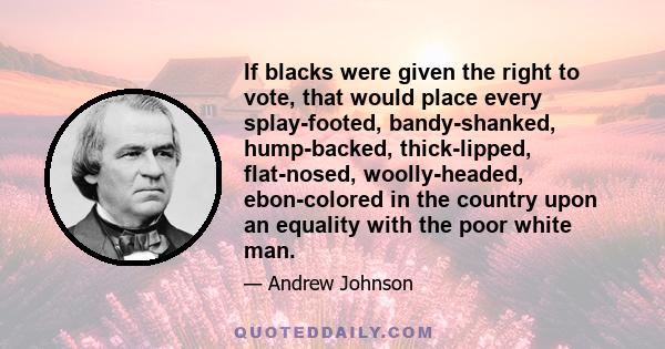 If blacks were given the right to vote, that would place every splay-footed, bandy-shanked, hump-backed, thick-lipped, flat-nosed, woolly-headed, ebon-colored in the country upon an equality with the poor white man.