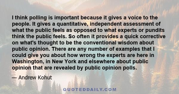 I think polling is important because it gives a voice to the people. It gives a quantitative, independent assessment of what the public feels as opposed to what experts or pundits think the public feels. So often it