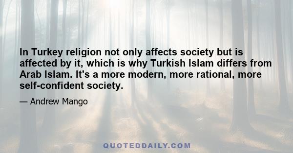 In Turkey religion not only affects society but is affected by it, which is why Turkish Islam differs from Arab Islam. It's a more modern, more rational, more self-confident society.