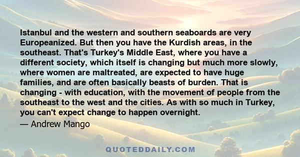 Istanbul and the western and southern seaboards are very Europeanized. But then you have the Kurdish areas, in the southeast. That's Turkey's Middle East, where you have a different society, which itself is changing but 