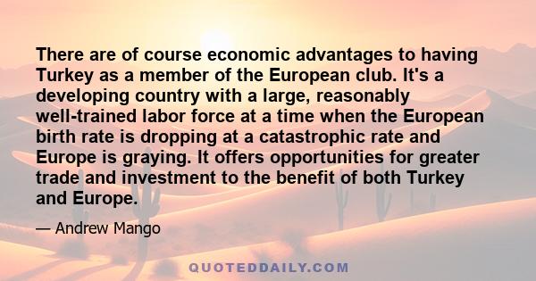 There are of course economic advantages to having Turkey as a member of the European club. It's a developing country with a large, reasonably well-trained labor force at a time when the European birth rate is dropping