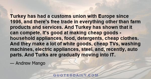 Turkey has had a customs union with Europe since 1996, and there's free trade in everything other than farm products and services. And Turkey has shown that it can compete. It's good at making cheap goods - household