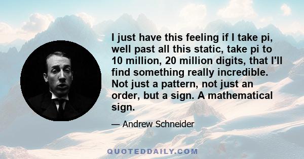 I just have this feeling if I take pi, well past all this static, take pi to 10 million, 20 million digits, that I'll find something really incredible. Not just a pattern, not just an order, but a sign. A mathematical