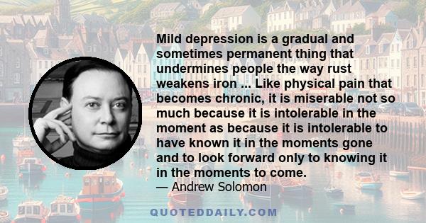 Mild depression is a gradual and sometimes permanent thing that undermines people the way rust weakens iron ... Like physical pain that becomes chronic, it is miserable not so much because it is intolerable in the