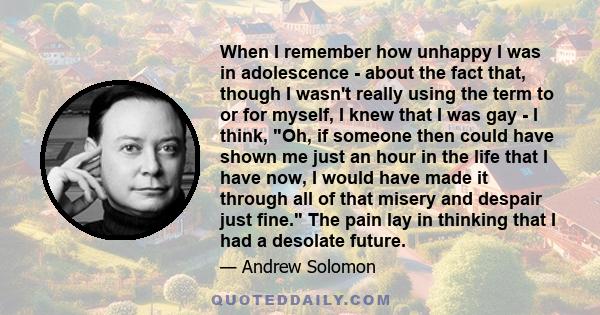 When I remember how unhappy I was in adolescence - about the fact that, though I wasn't really using the term to or for myself, I knew that I was gay - I think, Oh, if someone then could have shown me just an hour in