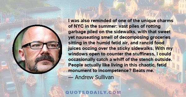 I was also reminded of one of the unique charms of NYC in the summer: vast piles of rotting garbage piled on the sidewalks, with that sweet yet nauseating smell of decomposing groceries sitting in the humid fetid air,