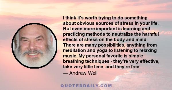 I think it's worth trying to do something about obvious sources of stress in your life. But even more important is learning and practicing methods to neutralize the harmful effects of stress on the body and mind. There
