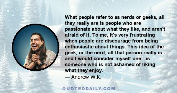 What people refer to as nerds or geeks, all they really are is people who are passionate about what they like, and aren't afraid of it. To me, it's very frustrating when people are discourage from being enthusiastic