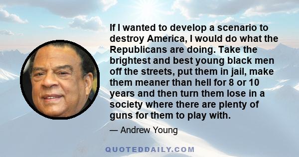 If I wanted to develop a scenario to destroy America, I would do what the Republicans are doing. Take the brightest and best young black men off the streets, put them in jail, make them meaner than hell for 8 or 10