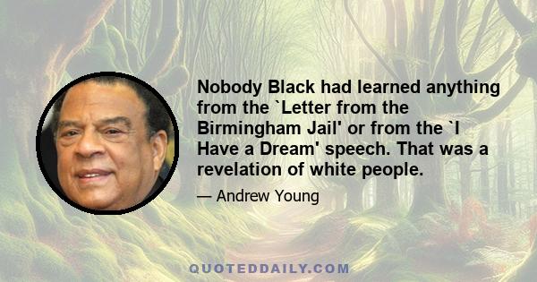 Nobody Black had learned anything from the `Letter from the Birmingham Jail' or from the `I Have a Dream' speech. That was a revelation of white people.