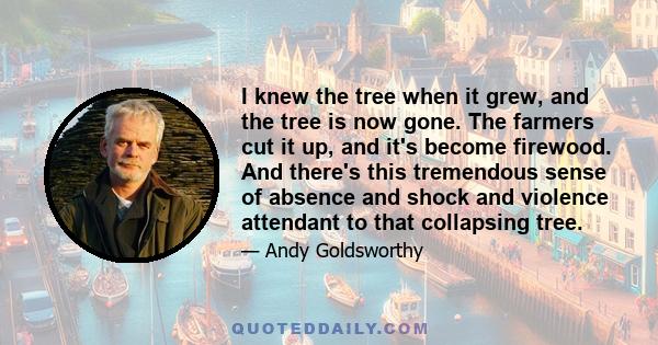 I knew the tree when it grew, and the tree is now gone. The farmers cut it up, and it's become firewood. And there's this tremendous sense of absence and shock and violence attendant to that collapsing tree.