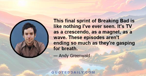 This final sprint of Breaking Bad is like nothing I've ever seen. It's TV as a crescendo, as a magnet, as a wave. These episodes aren't ending so much as they're gasping for breath.