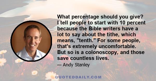 What percentage should you give? I tell people to start with 10 percent because the Bible writers have a lot to say about the tithe, which means, tenth. For some people, that's extremely uncomfortable. But so is a