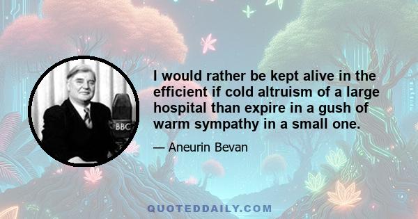 I would rather be kept alive in the efficient if cold altruism of a large hospital than expire in a gush of warm sympathy in a small one.