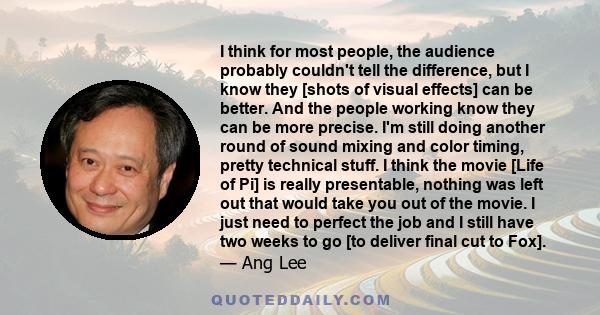 I think for most people, the audience probably couldn't tell the difference, but I know they [shots of visual effects] can be better. And the people working know they can be more precise. I'm still doing another round