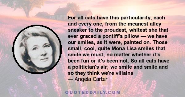 For all cats have this particularity, each and every one, from the meanest alley sneaker to the proudest, whitest she that ever graced a pontiff's pillow — we have our smiles, as it were, painted on. Those small, cool,