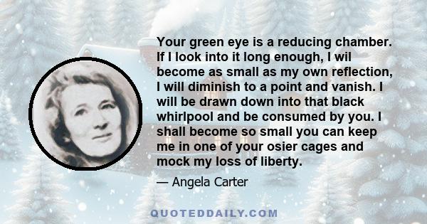 Your green eye is a reducing chamber. If I look into it long enough, I wil become as small as my own reflection, I will diminish to a point and vanish. I will be drawn down into that black whirlpool and be consumed by