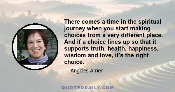 There comes a time in the spiritual journey when you start making choices from a very different place. And if a choice lines up so that it supports truth, health, happiness, wisdom and love, it's the right choice.