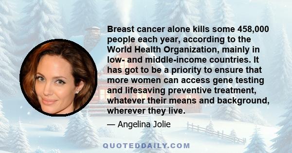 Breast cancer alone kills some 458,000 people each year, according to the World Health Organization, mainly in low- and middle-income countries. It has got to be a priority to ensure that more women can access gene