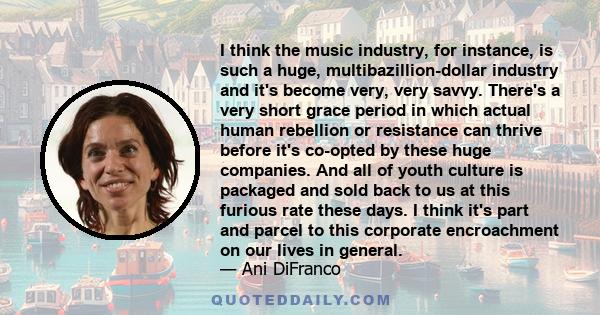 I think the music industry, for instance, is such a huge, multibazillion-dollar industry and it's become very, very savvy. There's a very short grace period in which actual human rebellion or resistance can thrive