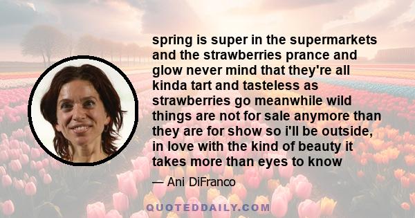 spring is super in the supermarkets and the strawberries prance and glow never mind that they're all kinda tart and tasteless as strawberries go meanwhile wild things are not for sale anymore than they are for show so