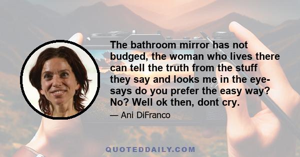 The bathroom mirror has not budged, the woman who lives there can tell the truth from the stuff they say and looks me in the eye- says do you prefer the easy way? No? Well ok then, dont cry.