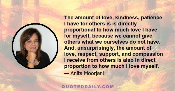 The amount of love, kindness, patience I have for others is is directly proportional to how much love I have for myself, because we cannot give others what we ourselves do not have. And, unsurprisingly, the amount of