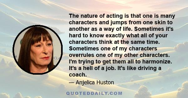 The nature of acting is that one is many characters and jumps from one skin to another as a way of life. Sometimes it's hard to know exactly what all of your characters think at the same time. Sometimes one of my