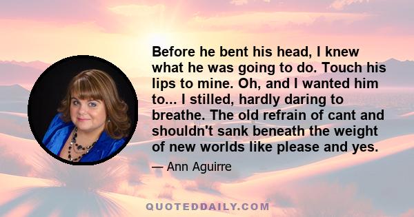 Before he bent his head, I knew what he was going to do. Touch his lips to mine. Oh, and I wanted him to... I stilled, hardly daring to breathe. The old refrain of cant and shouldn't sank beneath the weight of new