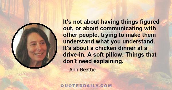 It's not about having things figured out, or about communicating with other people, trying to make them understand what you understand. It's about a chicken dinner at a drive-in. A soft pillow. Things that don't need