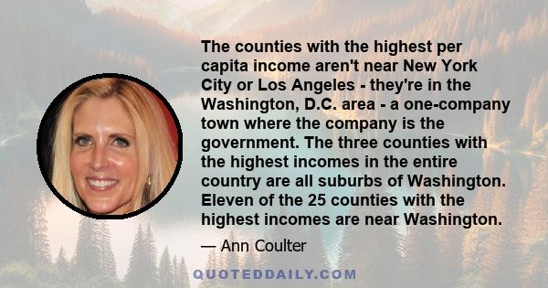 The counties with the highest per capita income aren't near New York City or Los Angeles - they're in the Washington, D.C. area - a one-company town where the company is the government. The three counties with the