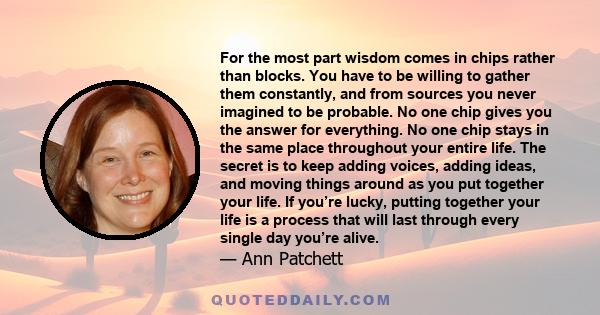 For the most part wisdom comes in chips rather than blocks. You have to be willing to gather them constantly, and from sources you never imagined to be probable. No one chip gives you the answer for everything. No one