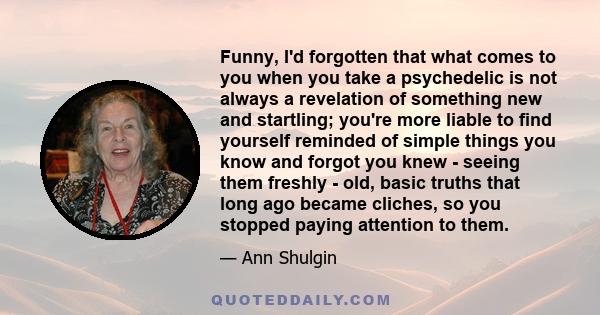 Funny, I'd forgotten that what comes to you when you take a psychedelic is not always a revelation of something new and startling; you're more liable to find yourself reminded of simple things you know and forgot you