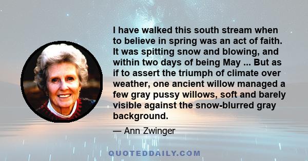 I have walked this south stream when to believe in spring was an act of faith. It was spitting snow and blowing, and within two days of being May ... But as if to assert the triumph of climate over weather, one ancient