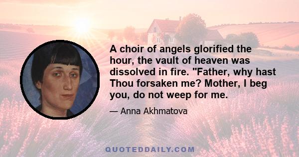 A choir of angels glorified the hour, the vault of heaven was dissolved in fire. Father, why hast Thou forsaken me? Mother, I beg you, do not weep for me.