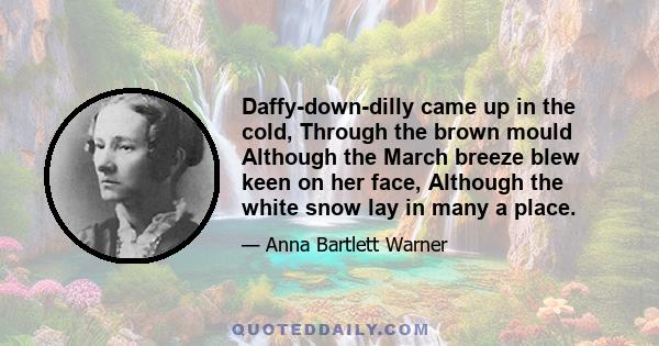 Daffy-down-dilly came up in the cold, Through the brown mould Although the March breeze blew keen on her face, Although the white snow lay in many a place.