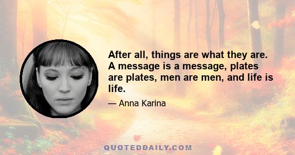 After all, things are what they are. A message is a message, plates are plates, men are men, and life is life.