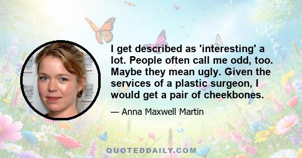 I get described as 'interesting' a lot. People often call me odd, too. Maybe they mean ugly. Given the services of a plastic surgeon, I would get a pair of cheekbones.