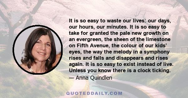 It is so easy to waste our lives: our days, our hours, our minutes. It is so easy to take for granted the pale new growth on an evergreen, the sheen of the limestone on Fifth Avenue, the colour of our kids’ eyes, the