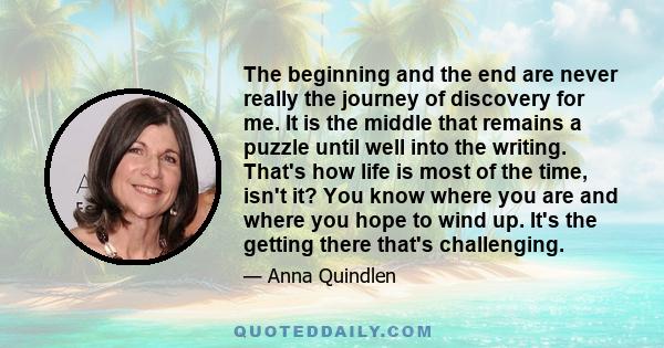 The beginning and the end are never really the journey of discovery for me. It is the middle that remains a puzzle until well into the writing. That's how life is most of the time, isn't it? You know where you are and