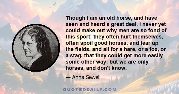 Though I am an old horse, and have seen and heard a great deal, I never yet could make out why men are so fond of this sport; they often hurt themselves, often spoil good horses, and tear up the fields, and all for a