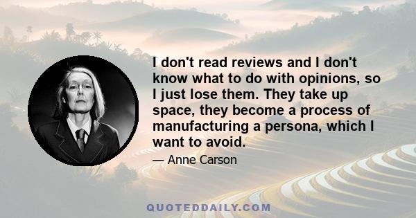 I don't read reviews and I don't know what to do with opinions, so I just lose them. They take up space, they become a process of manufacturing a persona, which I want to avoid.